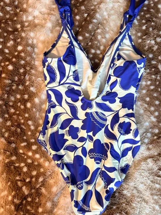 Kate Spade New York Blue White Zigzag Floral One Piece Swimsuit Size M - Picture 4 of 5